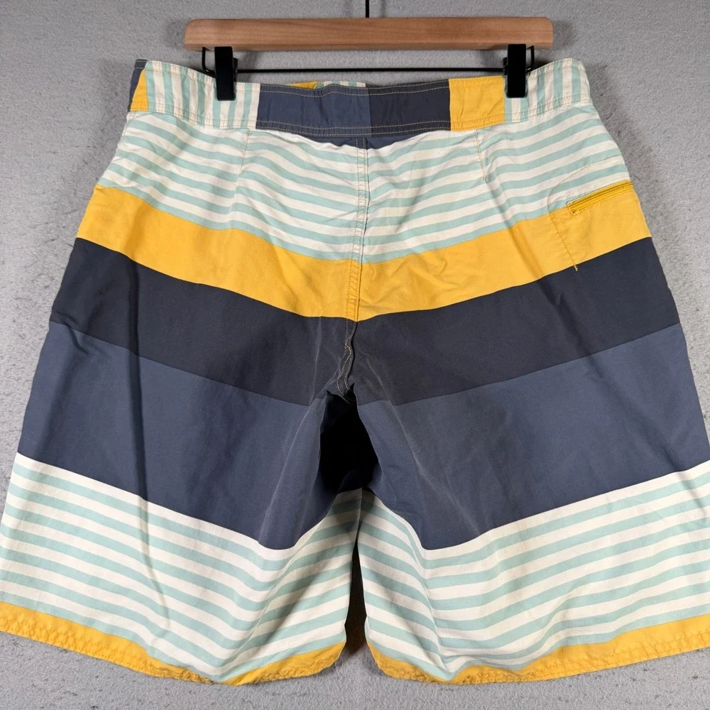 Patagonia Mens Striped Board Shorts Size 34 Yellow Navy Blue‎ Swim Trunks 86556